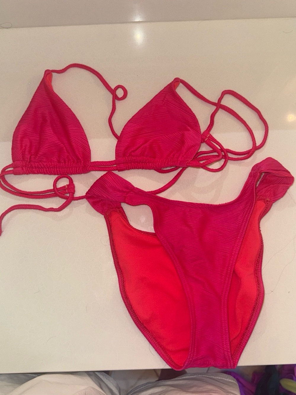 surf style Neon Pink Ribbed String Bikini